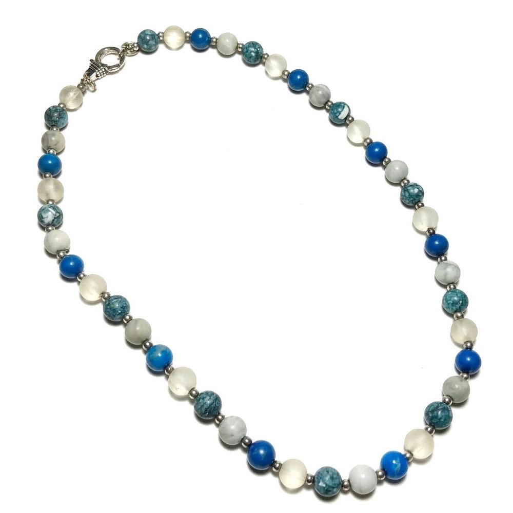 Vintage Beaded Necklace Handmade Blue/Gray Stones Silver Tone